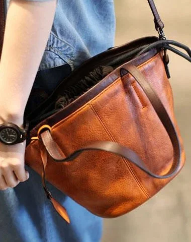 Ladies Bucket Bag Multi Use -Vintage Womens Brown Leather Barrel Handbag Drawstring Bucket Bag Tan Bucket Shoulder Bag