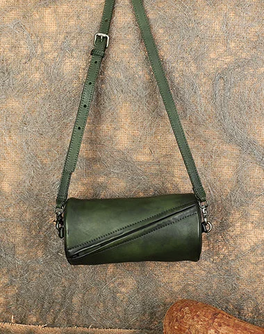 Ladies Bucket Bag Retro Leather -Vintage Green Leather Womens Barrel Shoulder Bag Bucket Crossbody Purse for Women