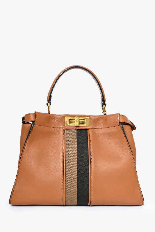 Ladies Handbag Party Leather -Fendi Brown Leather Canvas Striped Peekaboo Top Handle with Canvas Strap