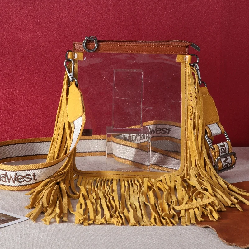 Ladies Handbag Spacious Interior -MW906-A192   Montana West Western Fringe Clear Stadium Crossbody Bag - Mustard