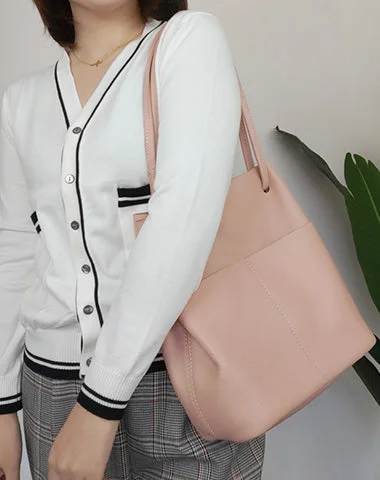 Ladies Bucket Bag Retro Leather -Fashion Womens Pink Leather Tote Bag Vertical Silver Shoulder Tote Bag Bucket Tote For Women