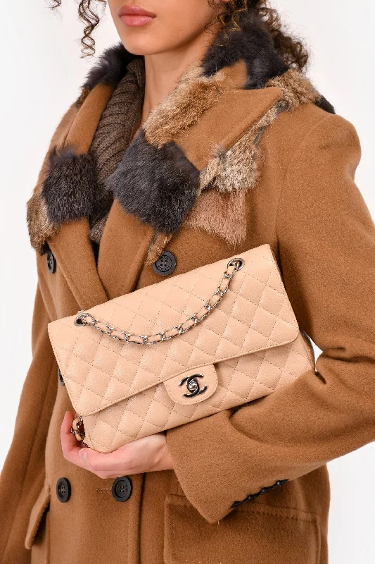 Ladies Handbag Soft Canvas -Pre-Loved Chanel™ 2010/11 Beige Caviar Medium Double Flap Shoulder Bag