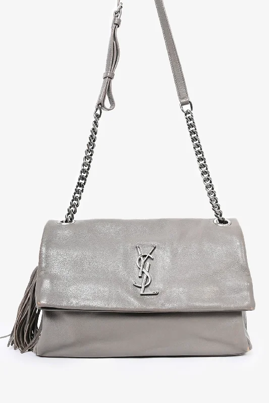 Ladies Handbag Adjustable Strap -Saint Laurent Grey Leather Medium Tassel Shoulder Bag (As Is)