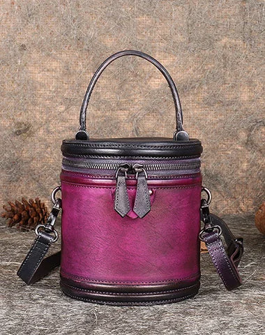 Ladies Bucket Bag Patterned Print -Purple Leather Womens Bucket Handbag Barrel Shoulder Bag Crossbody Purse for Ladies