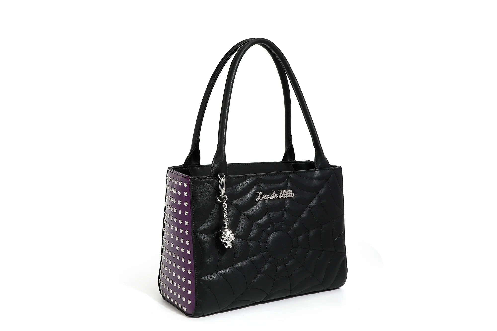 Ladies Tote Bag Eco Chic -Black Matte with Purple Sparkle Spider Web Medium Tote