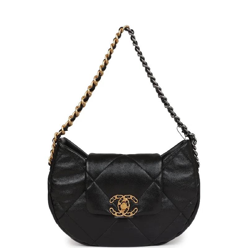 Ladies' dumpling bag easy return -Chanel 19 Hobo Bag Black Lambskin Mixed Metal Hardware