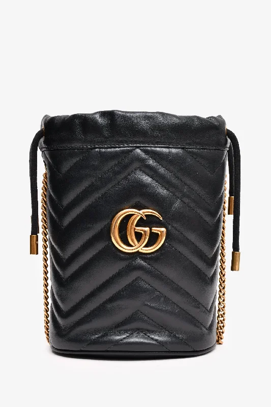 Ladies Handbag Lightweight Canvas -Gucci Black Leather Marmont Drawstring Mini Bucket Bag