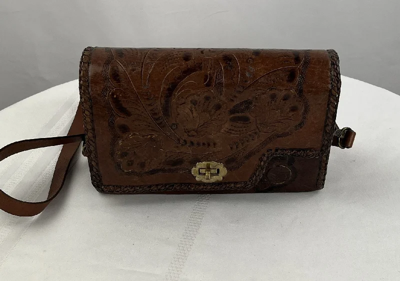 Ladies' wallet practical -Unbranded Vintage Women's Brown Leather Floral Inlay Reversible Crossbody Purse