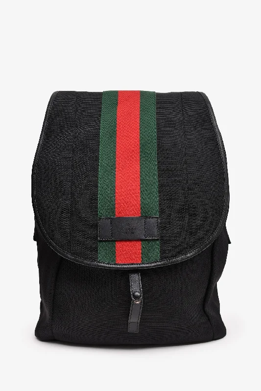 Ladies Handbag Bold Chic -Gucci Black Canvas Web Detail Flap Techno 2 in 1 Backpack