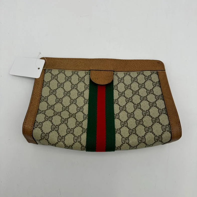 Gucci Canvas Leather Monogram Beige Green Red Stripe Clutch Wristlet Medium