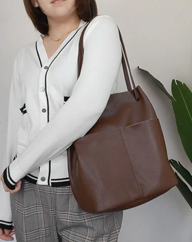 Ladies Bucket Bag Subtle Leather -Fashion Womens Khaki Leather Tote Bag Vertical Coffee Shoulder Tote Bag Bucket Tote For Women