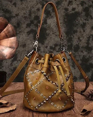 Ladies Bucket Bag Luxury Brand -Tan Leather Womens Bucket Handbag Shoulder Bag Studded Western Brown Leather Shoulder Barrel Bag Purse