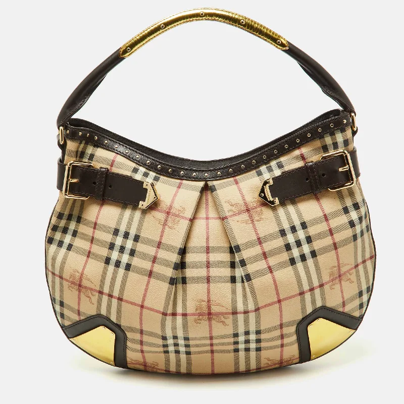 Ladies' dumpling bag style brochure -BURBERRY Dark Brown/Beige House Check PVC and Leather Studded Hartley Hobo