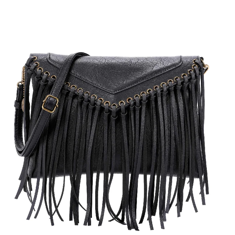 Ladies' crossbody bag strap -Dallas Fringe Crossbody Bag - Black