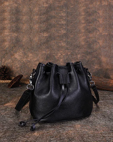 Ladies Bucket Bag Compact Elegance -Womens Black Leather Barrel Crossbody Bag Purse Vintage Round Bucket Shoulder Bag for Women