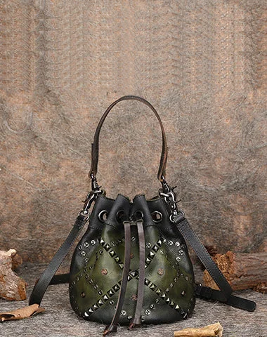 Ladies Bucket Bag Eco Canvas -Womens Green Leather Barrel Handbag Purse Vintage Rivet Round Shoulder Bag Bucket Crossbody Handbag for Women