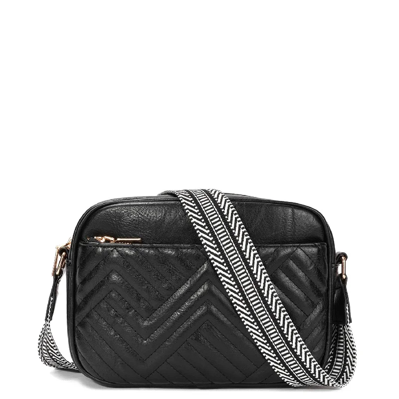 Ladies' crossbody bag market -Jayda Vegan Leather Embossed Chevron Guitar Strap Crossbody - Black