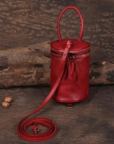 Ladies Bucket Bag Compact Leather -Red Womens Leather Bucket Handbag Womens Barrel Purse Small Brown Bucket Shoulder Purse