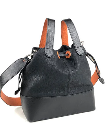 Ladies Bucket Bag Subtle Leather -Small Womens Black Leather Bucket Handbag Purse Black Leather Barrel Shoulder Bag Handbag Purse for Ladies