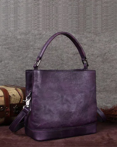 Ladies Bucket Bag Fall Trends -Purple Genuine Leather Womens Bucket Handbags Barrel Shoulder Bag Purses for Ladies