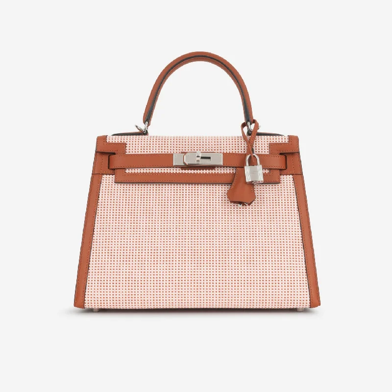 Ladies Handbag Weekend Chic -Hermès Hermès - Kelly 28 - Terre Battue Swift/Ecru/Mauve Sylvestre Quadrille Toile PHW - Brand New