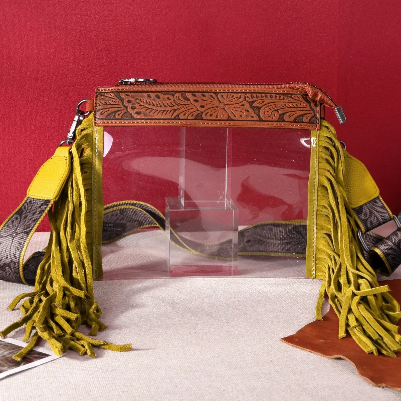 Ladies Handbag Side Pockets -MW906-A191   Montana West Western Fringe Stadium Clear Crossbody Bag - Mustard