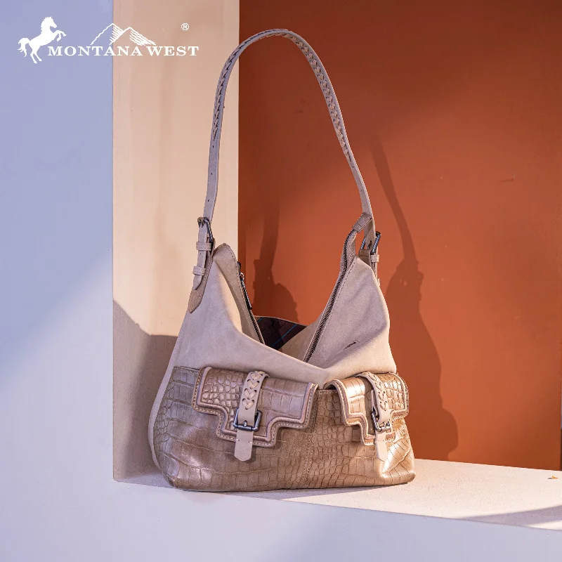 Ladies Handbag Sleek Leather -MW1286G-918 Montana West Croc Print Concealed Carry Hobo Tan