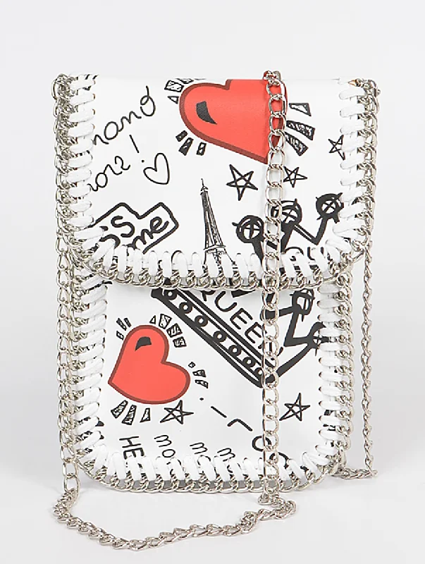 Ladies' crossbody bag wear -Heart Graffiti Chain Mini Bag in White