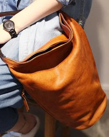 Ladies Bucket Bag Eco Conscious -Vintage Womens Brown Leather Shoulder Tote Bag Large Bucket Tote Barrel Tote Purse