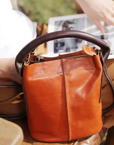 Ladies Bucket Bag Compact Chic -Vintage Womens Brown Leather Bucket Purse Handbag Barrel Side Bag With Zipper for Ladies