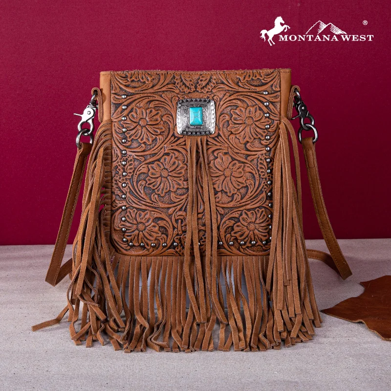 Ladies Handbag Eco Conscious -MWR-062 Montana West Genuine Leather Tooled Silver Turquoise Concho Fringe Crossbody - Brown